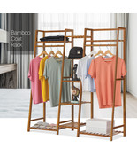 Trapezoid 51&quot; Brown Bamboo [Dual Clothes Hanging Rod] Garment Shelves Co... - £78.21 GBP