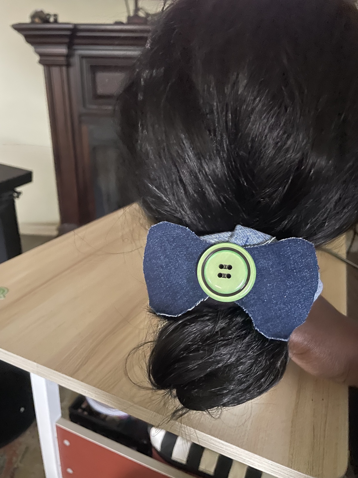 Convertible Denim Scrunchie with Detachable Button Bow  (Patent Pending) - $14.00