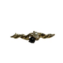 Vintage Goldtone Faux Black And White Pearl Brooch Pin Rhinestones - £11.98 GBP
