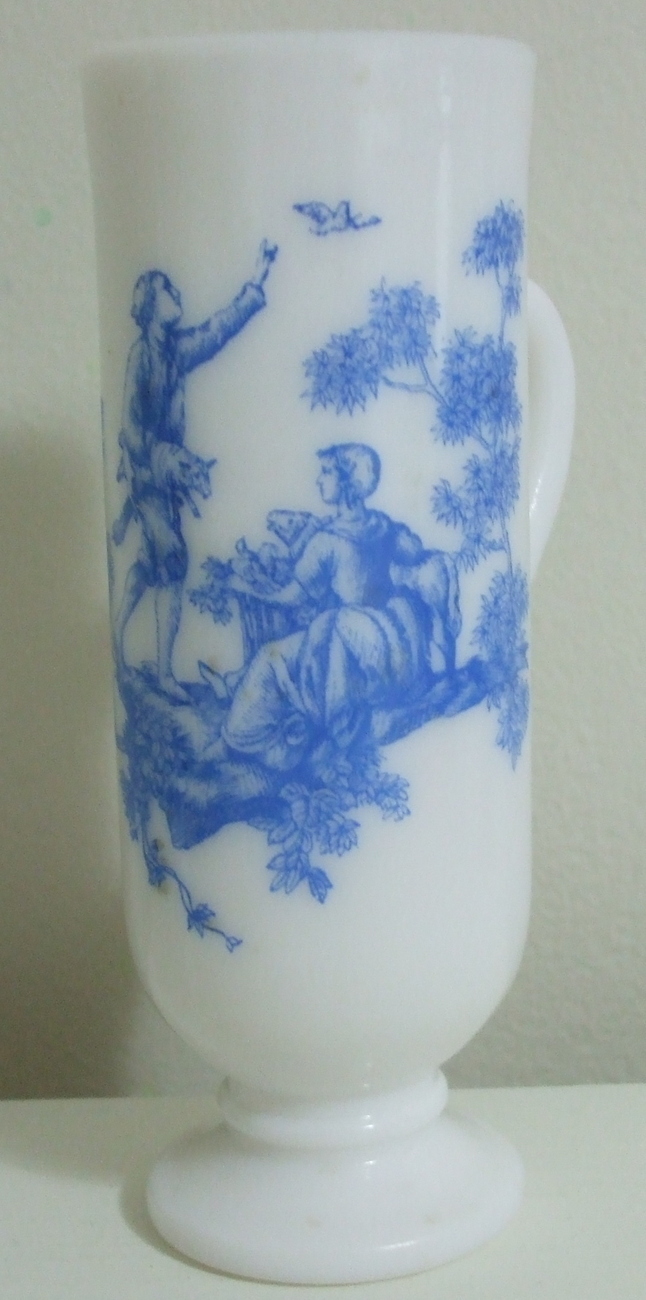 Vintage Blue White Decorated White Glass Vase with Handle - $23.95