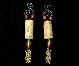 Pair of Handcrafted Wine Cork Christmas Ornament with Burgundy &amp; Gold Beads - $16.98