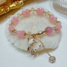 Lucky Gourd Cat&#39;s Eye Stone Pink Crystal Beaded Bracelets for Women Girls Fashio - £16.32 GBP