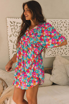 Sky Blue Floral Print Tie Split Neck Bubble Sleeve Babydoll Dress - $267.51 MXN