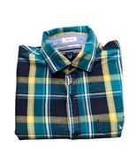 SEVEN MILES Blue Plaid 100% Cotton Rolled Tab Sleeve Green White  Shirt ... - $26.73