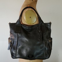 Fossil Satchel Bag Black Pebbled Leather  Double Handles Brass Hardware Zipper - £45.57 GBP