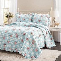 King size Vintage Rose Ruffle Edge Light Quilt Set in Blue White and Pink - £177.99 GBP