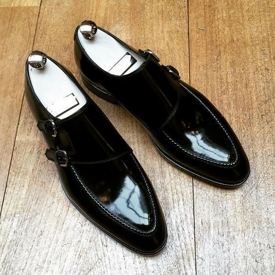 Men's Black Monk Double Buckle Straps Premium Leather Handcrafted Shoes US 7-16