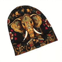 Thai Elephant Design Beanie Hat Black Floral &amp; Paisley Pattern - $213.82 MXN