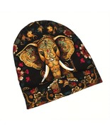 Thai Elephant Design Beanie Hat Black Floral &amp; Paisley Pattern - $15.42 CAD