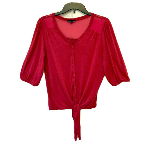 RXB Womens M Red Button Up Tie Front Sheer Shoulders Elastic Hem 3/4 Sle... - $11.95