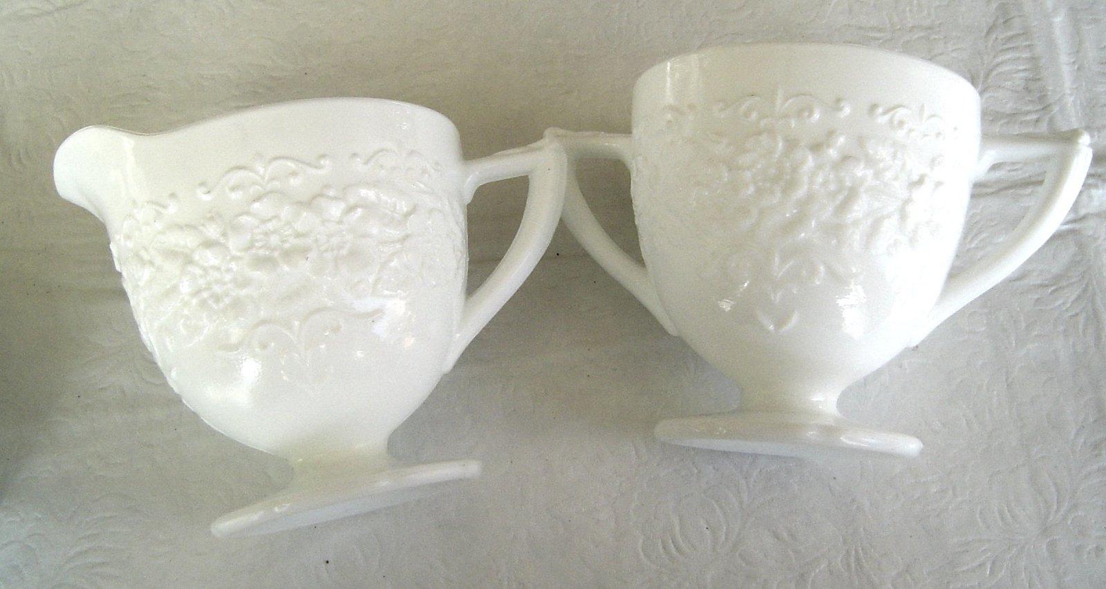 Primary image for Vintage Milk Glass Footed Sugar and Creamer Set Raised Embossed Flowers 