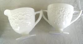 Vintage Milk Glass Footed Sugar and Creamer Set Raised Embossed Flowers  - $24.99