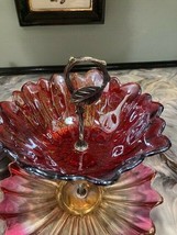 VINTAGE RUBY RED GLASS 2 TIER UPCYCLED  DISPLAY PARTY PLATE CANDY DISH S... - £27.91 GBP