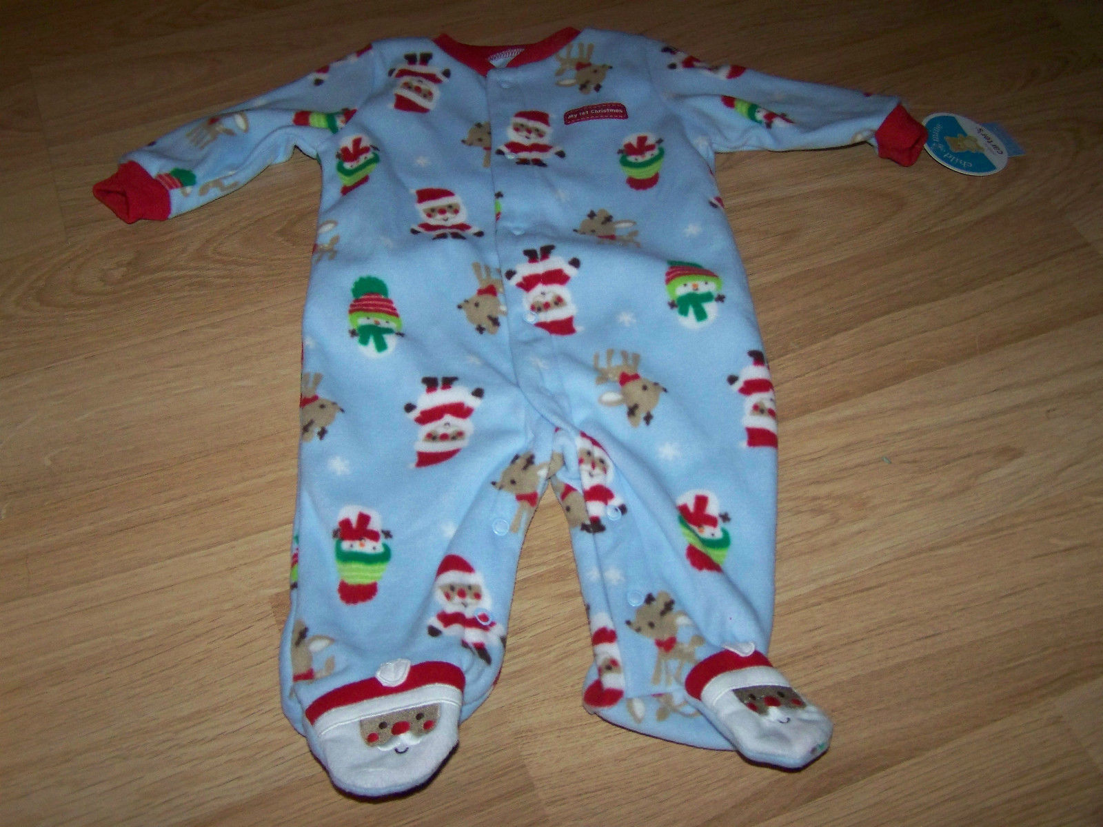 Primary image for Infant Size Newborn NB Blue Holiday Fleece Footed Sleeper Santa Deer Snowman New
