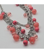 Chunky Silver Chain Necklace Pink Coral Beads Layered Statement Jewelry ... - $24.70