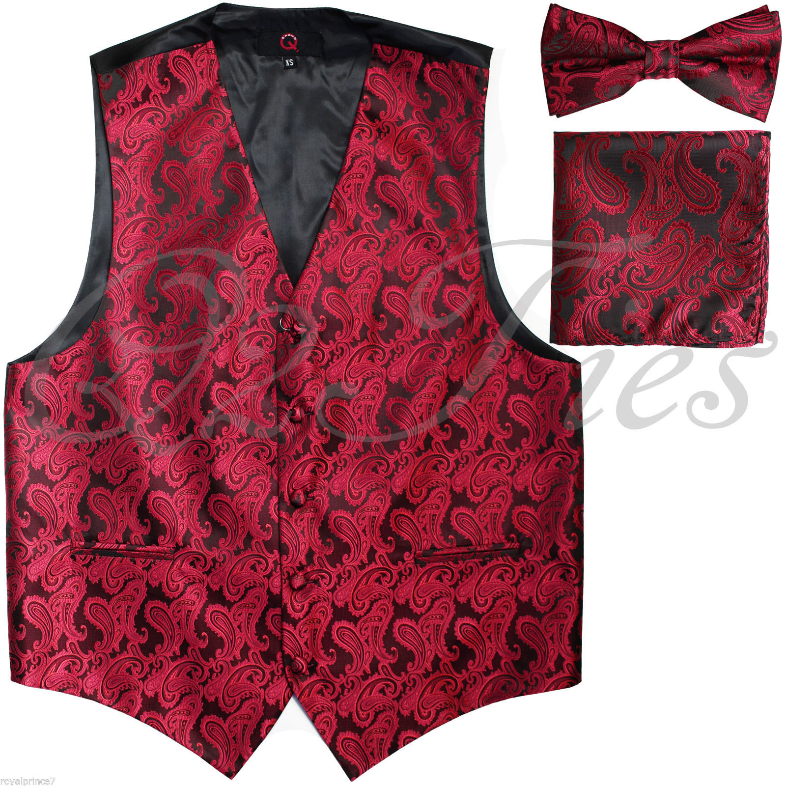 BLACK RED XS to 6XL Paisley Tuxedo Suit Dress Vest Waistcoat & Bow tie Hanky  - £20.64 GBP - £24.55 GBP