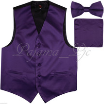 Deep Purple Tuxedo Suit Vest Waistcoat and Straight Cut Bow tie &amp; Hanky Wedding - £17.65 GBP+