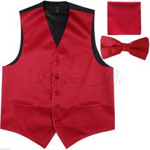FIRE RED Tuxedo Suit Vest Waistcoat and STRAIGHT CUT Bow tie Hanky Set W... - $22.09+