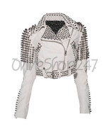 New Women White Full Silver Spiked Studded Brando Punk Belted Leather Ja... - £180.91 GBP