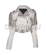 New Women White Full Silver Spiked Studded Brando Punk Belted Leather Ja... - $229.99