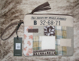 Myra Bag #8919 Upcycled Canvas, Rug, Leather 10&quot;x8&quot; Pouch Makeup Clutch~Pan Am~ - £17.71 GBP