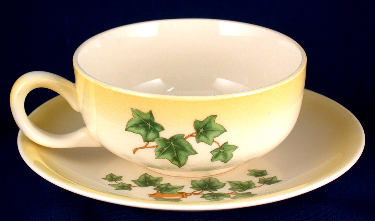 Paden City Pottery Ivy in Jug Cup & Saucer Yellow Trim B-54