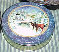 Small Christmas Cookie Candy Tin 2 Deer&amp;Church 6.5&quot;X2&quot; - £7.84 GBP