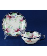 Japan Vintage Floral Cup &amp; Saucer Cobalt Rim Hand Painted Flowers - $10.00