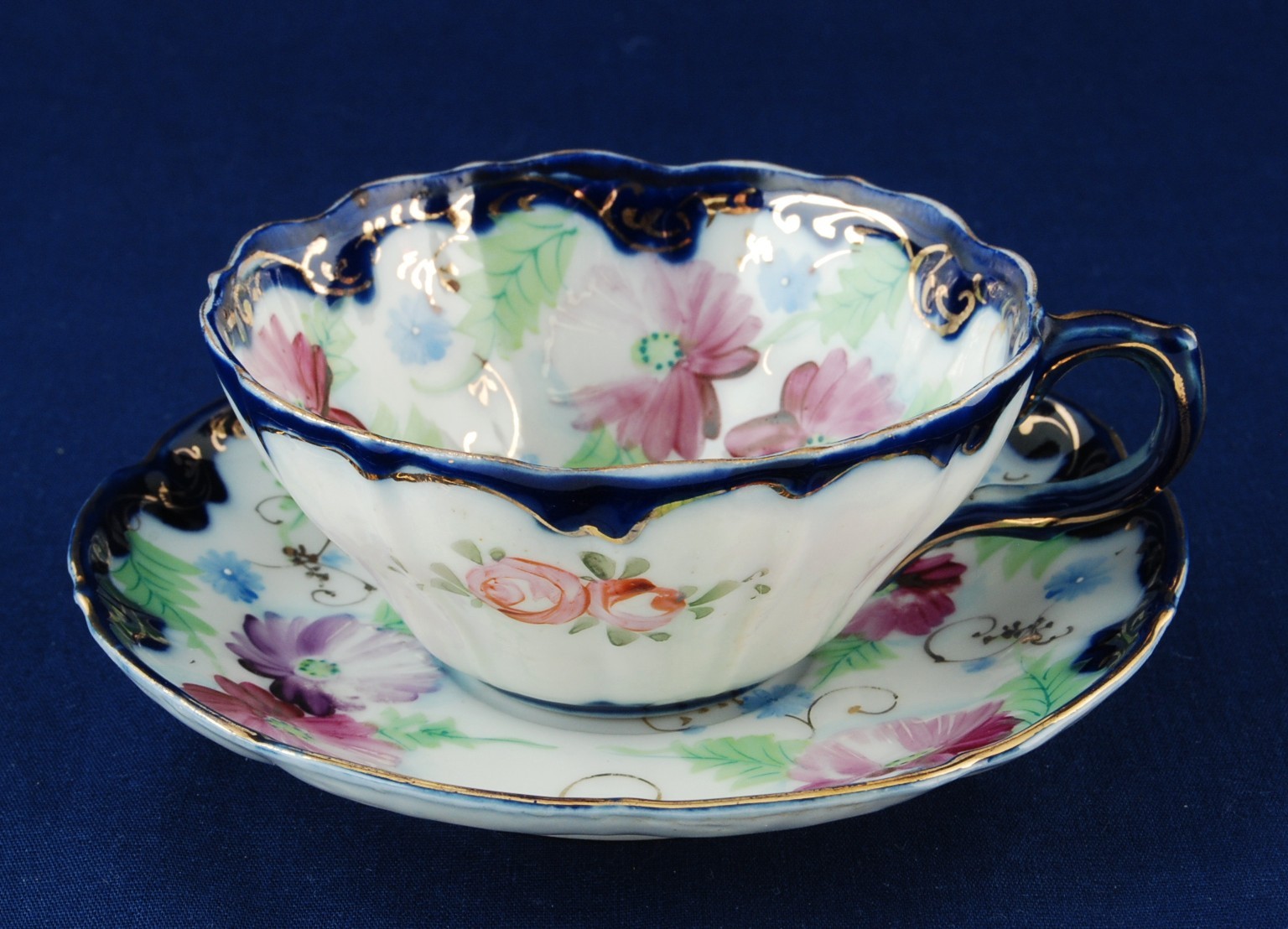Japan Vintage Floral Cup & Saucer Cobalt Rim Hand Painted Flowers Item image 2