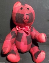 Handmade 10&quot; Jointed Bear Red &amp; Black Plaid Wool Fabric Button Eyes;Country Look - £11.96 GBP