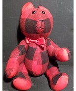 HANDMADE 10&quot; JOINTED BEAR-RED &amp; BLACK PLAID WOOL FABRIC-BUTTON EYES;COUN... - £11.70 GBP