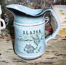 Blue Ceramic Pitcher,6&quot;Tall X7&quot;;Alaska Inuit,Husky Dog,Polar Bear Black Graphics - £19.54 GBP