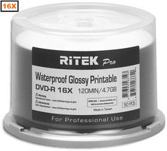 50-Pak RITEK PRO Waterproof GLOSSY White Inkjet Hub 16X 4.7GB DVD-R&#39;s - £37.52 GBP