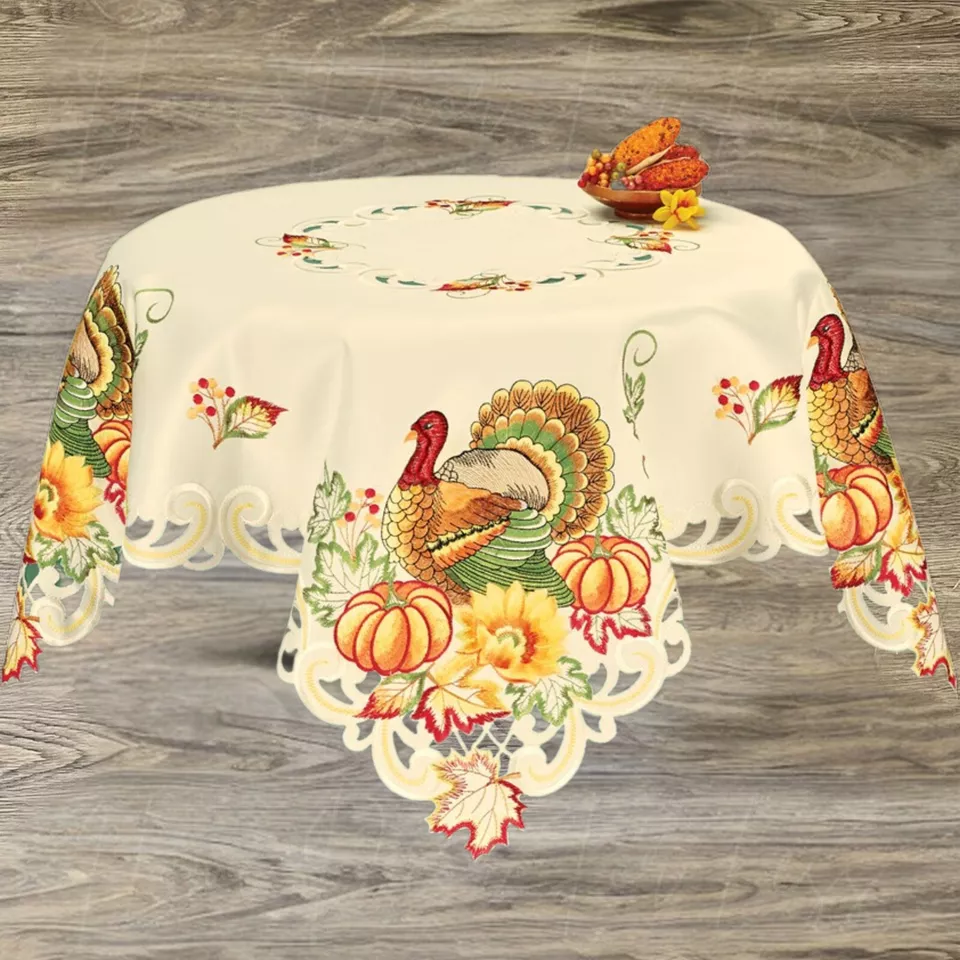 Turkey Pumpkin Square Table Cloth Embroidered 34.5&quot; Fall Harvest Thanksg... - $74.90