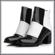 Retro Big Black and White Squares Patent Leather Zip Up Martin Heel Ankle Boots