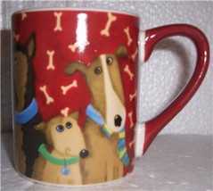 2011 Debi Hron Red Mug W/Bones &amp; Dogs Ceramic Mug By Gibson 11oz - £29.72 GBP