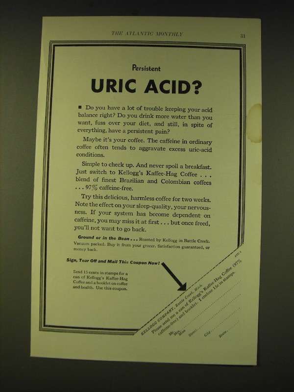 Primary image for 1933 Kellogg's Kaffee-Hag Coffee Ad - Persistent Uric Acid?