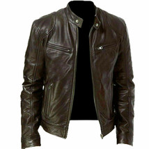 Black Men&#39;s Slim Fit Biker Cafe Racer Genuine Lambskin Leather Jacket - £99.42 GBP