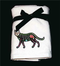 2 Kassa Fina White Velour Embroidered Sugar Black Cat Halloween Hand Towels NWT - £18.55 GBP