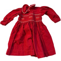 Vintage Red Smocked Velvet Long Sleeve Toddler Dress With Ruffled Collar 2T - $19.20