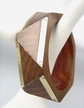 CHIC Natural Wood Brass Overlay Geometric HEXAGON Bangle Bracelet - £13.54 GBP