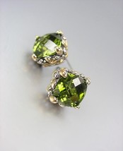 Designer PETITE Silver Gold Balinese Filigree Olive Green CZ Crystal Ear... - $18.80