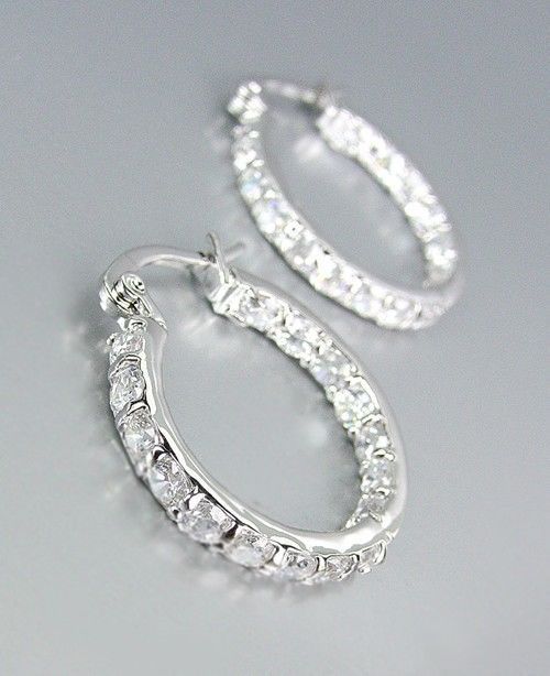 Primary image for CLASSIC 18kt White Gold Plated OUTSIDE INSIDE CZ Crystals Petite Hoop Earrings