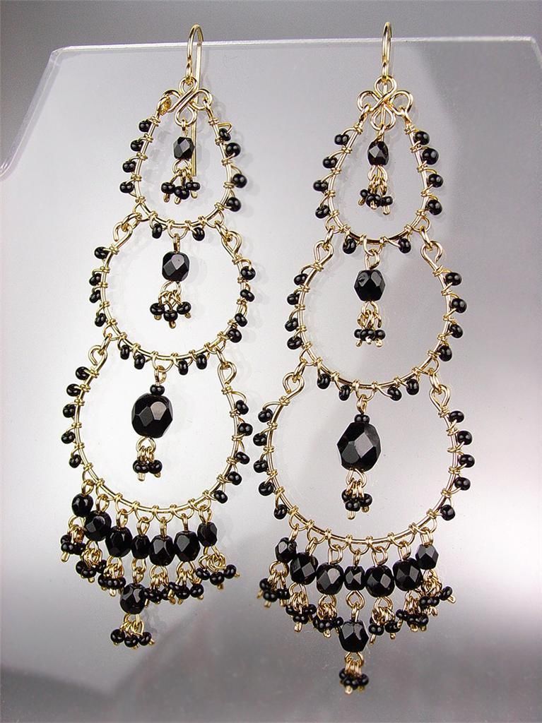 STUNNING Black Onyx Crystal Beads Gold Chandelier Dangle Peruvian Earrings - £23.83 GBP