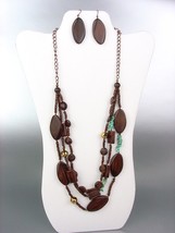 NATURAL Brown Wood Beads Turquoise Stones Crystals Long Layered Necklace Set - £14.32 GBP