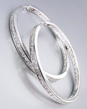 CLASSIC Thin 18kt White Gold Plated Inside Outside CZ Crystals Hoop Earrings M - £34.20 GBP