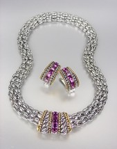 Designer Style Silver Cable Purple Amethyst CZ Crystals Barrel Mesh Necklace Set - $36.99