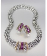 Designer Style Silver Cable Purple Amethyst CZ Crystals Barrel Mesh Necklace Set - £29.63 GBP