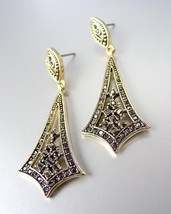 VICTORIAN 18kt Gold Plated Marcasite Crystals Chandelier Dangle Post Ear... - £24.80 GBP