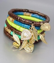BOHEMIAN Turquoise Shell Wood Beads Mat Gold Leaf Heart Charms Stretch Bracelet - £10.38 GBP